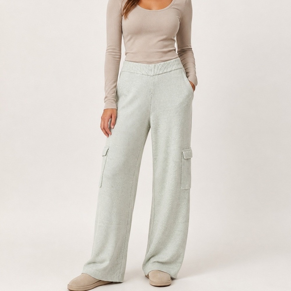 Mint Green Ribbed Knit Wide Leg Cargo Lounge Pants XL Cozy Minimalist Cargo